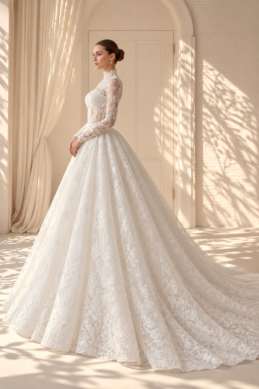 A woman wearing an elegant white lace ball gown modest wedding dress with long sheer sleeves and a high mock neck, standing in a sunlit room with draped curtains and leaf shadows on the wall.