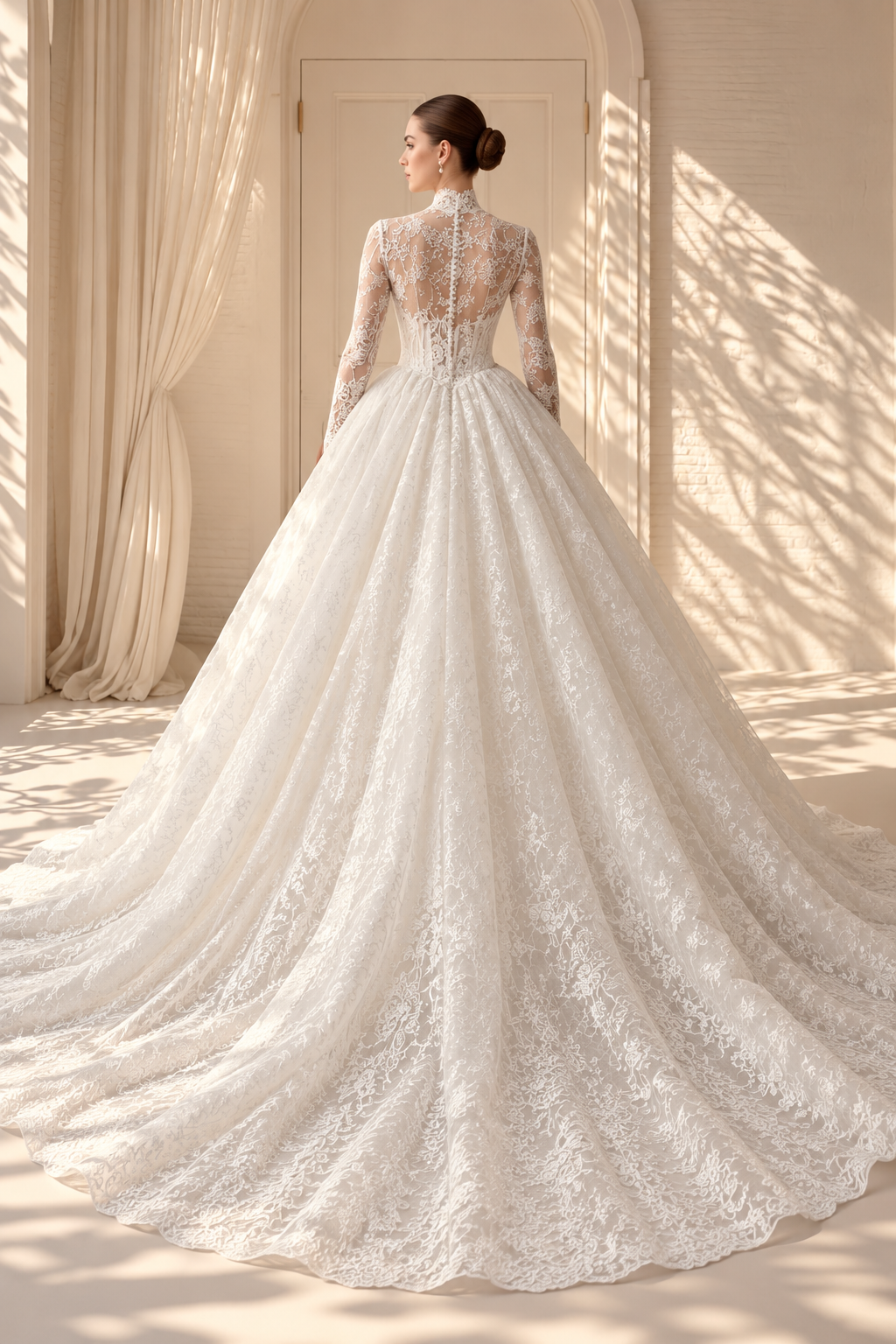 A woman wearing an elegant white lace ball gown modest wedding dress with long sheer sleeves and a high mock neck, standing in a sunlit room with draped curtains and leaf shadows on the wall.