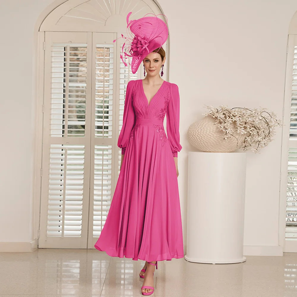 Mother of the Bride Dresses For Weddings V Neck Long Sleeves Wedding Party Gowns Appliques A-Line Ankle-Length فساتين السهرة - HER SHOP