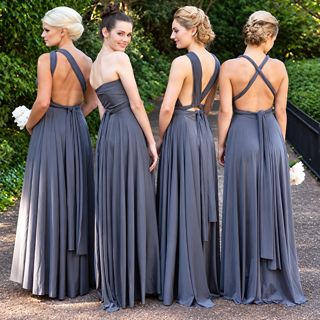 Four women standing outdoors on a garden path, shown from the back wearing matching floor-length gray bridesmaid dresses with crossover straps and open backs. - HER SHOP®