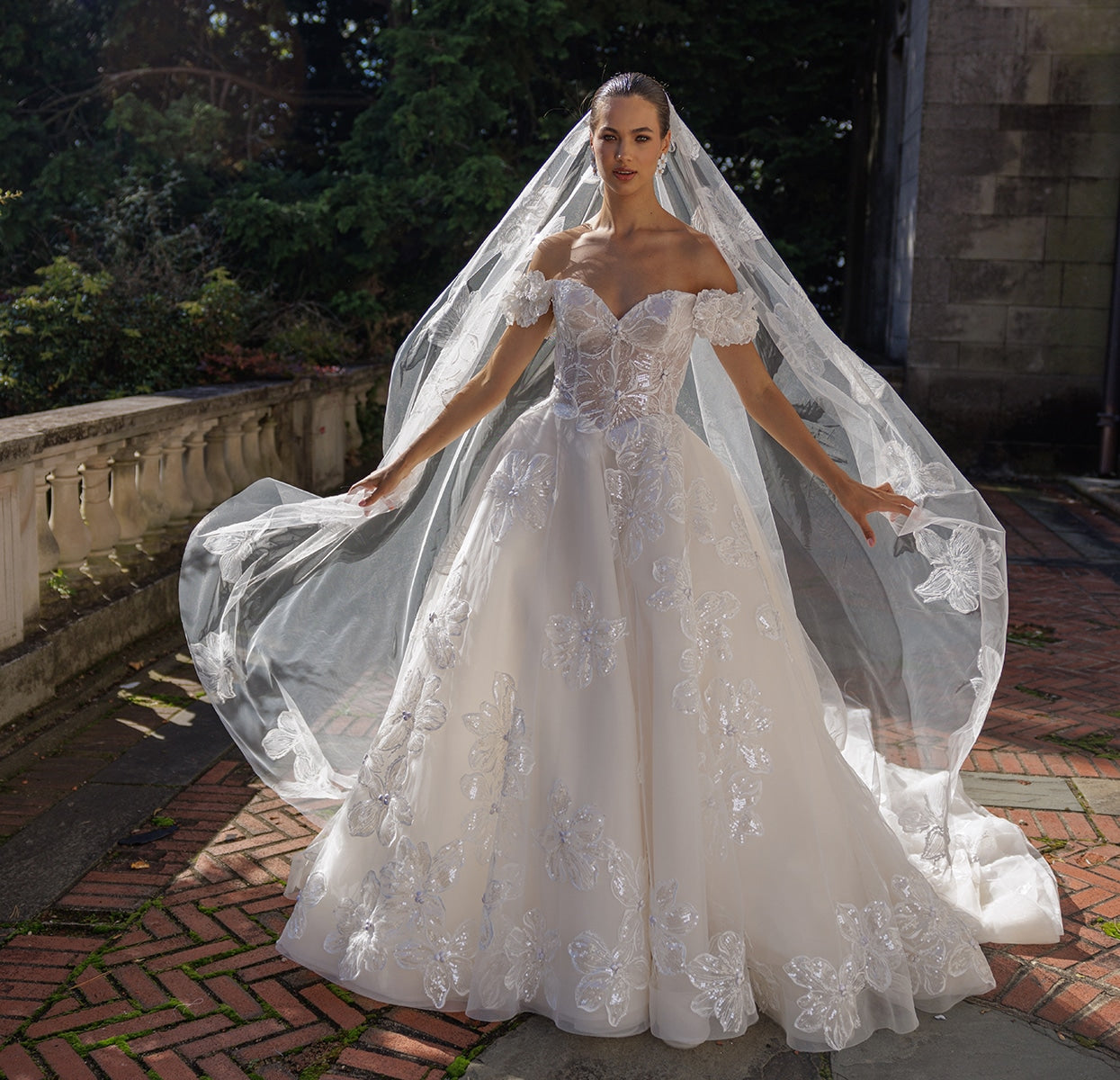 Off Shoulder Ball Gown Wedding Dress Floral Sequin Appliqués Illusion Corset Bodice - HER SHOP