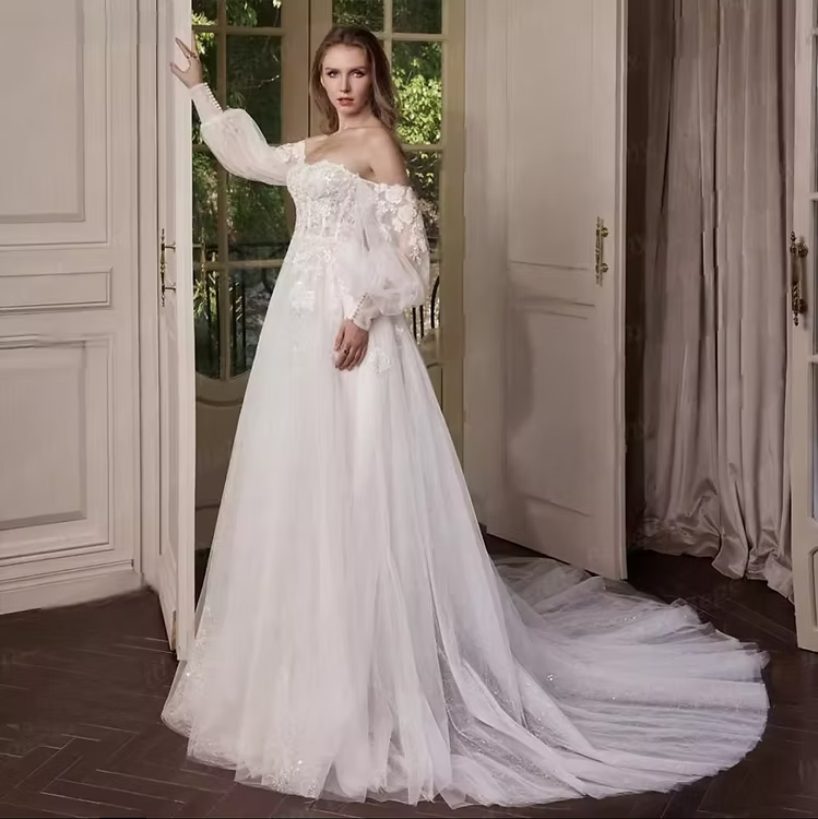 Off-the-Shoulder A-Line Wedding Dress – Long Puff Sleeves, Lace & Court Train, Custom Made