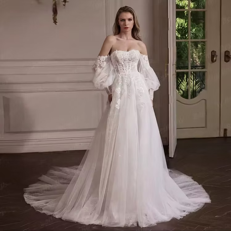 Off-the-Shoulder A-Line Wedding Dress – Long Puff Sleeves, Lace & Court Train, Custom Made
