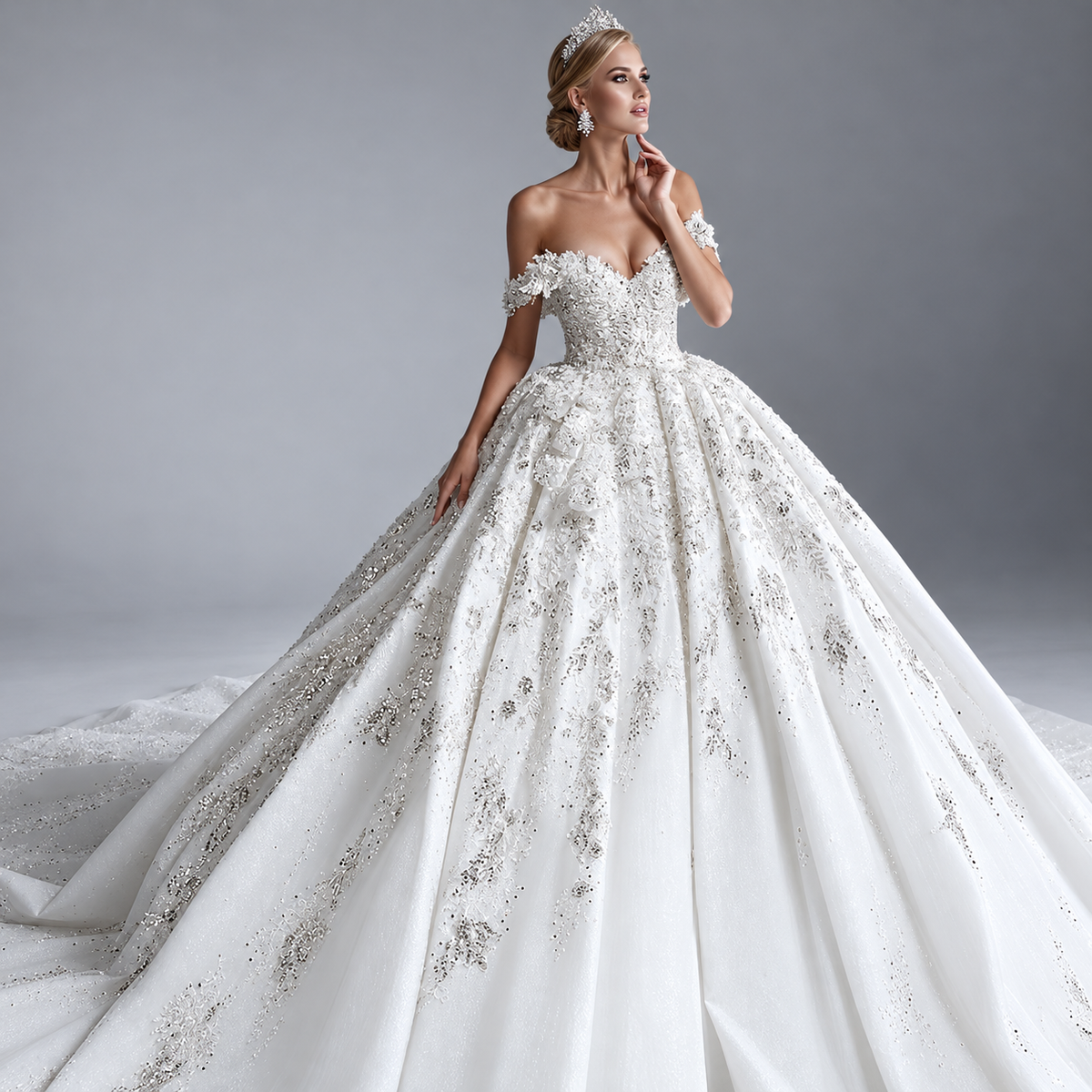 Off-the-shoulder sweetheart lace ball gown with pearl beading, bodice detail