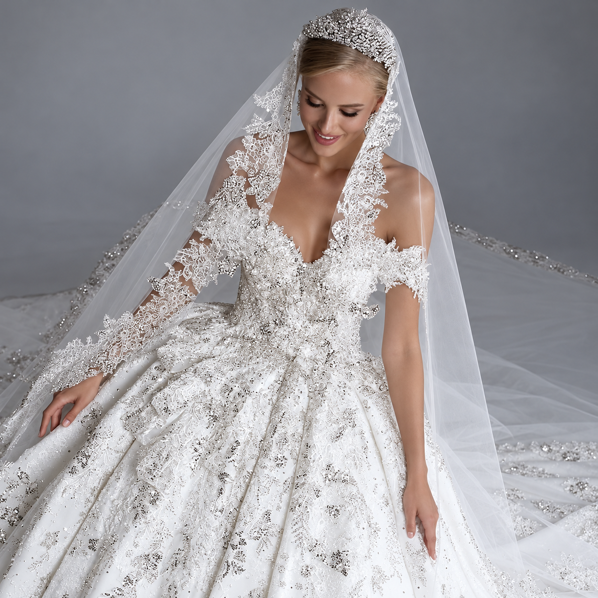 Bride in off-the-shoulder beaded lace ball gown with tiara