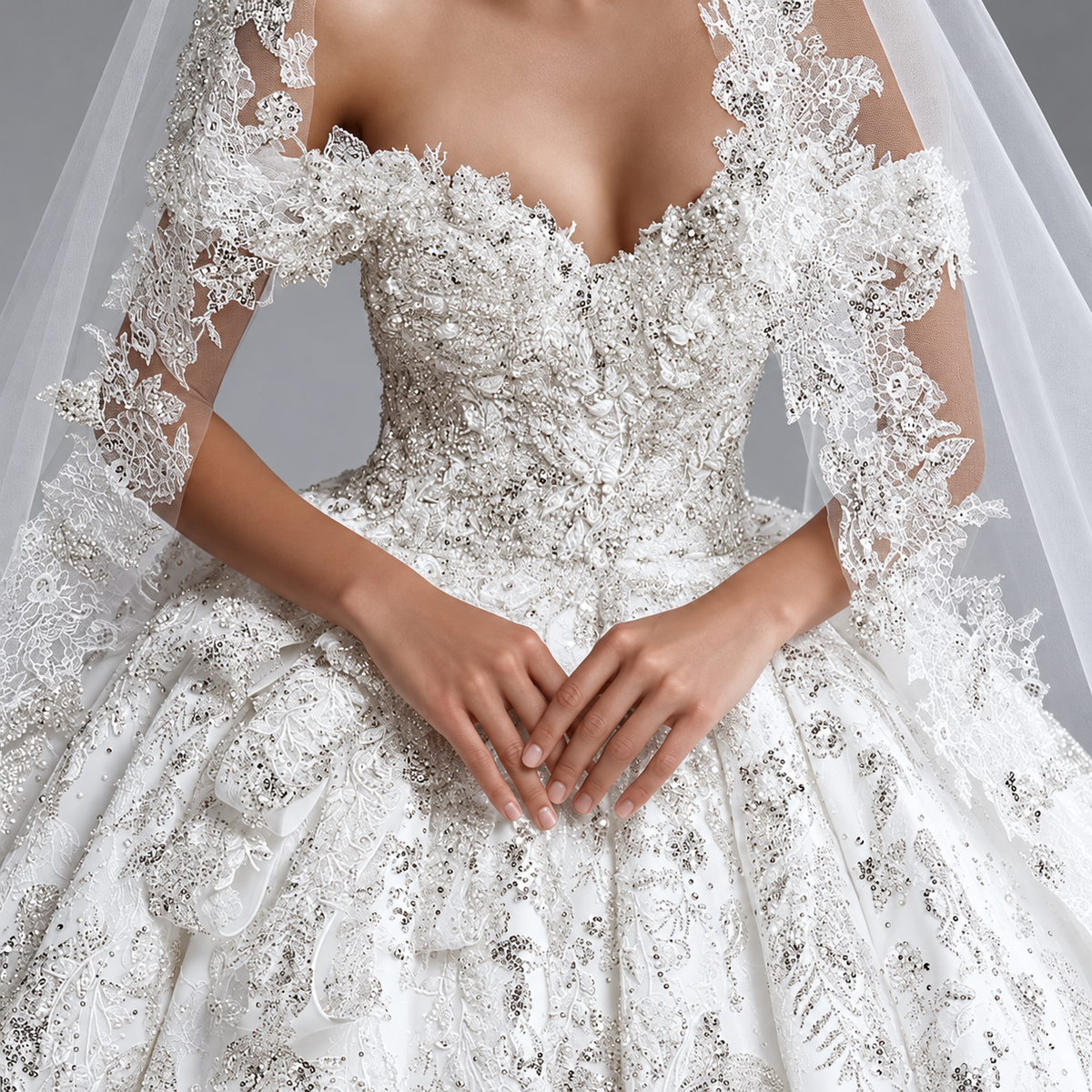 Full-length off-the-shoulder beaded lace princess wedding gown