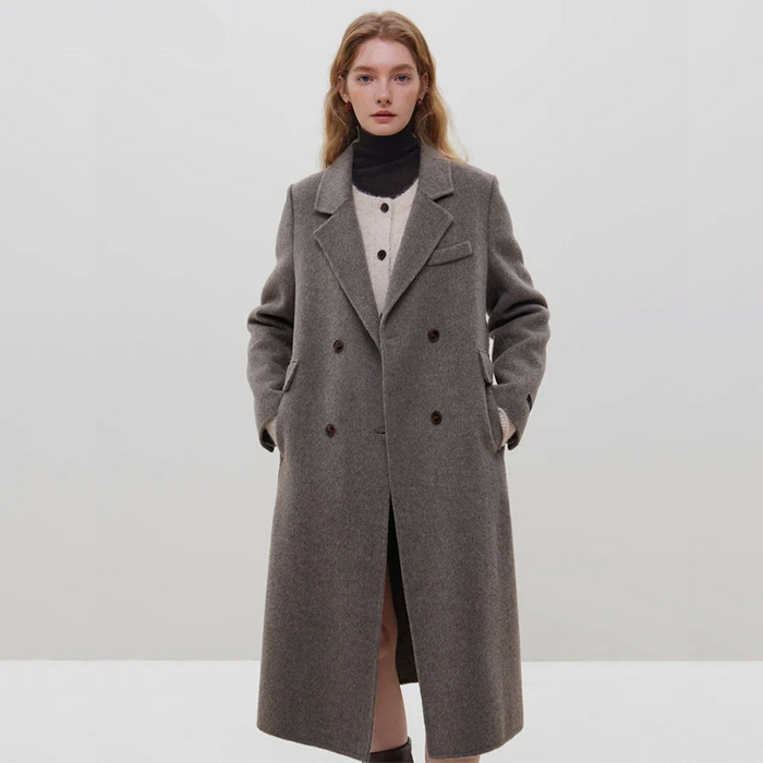 Her Shop 100% Wool Dark Grey Winter Mid-Length Straight Wool Coat - Simple Notched Collar, Temperament Shoulder Design