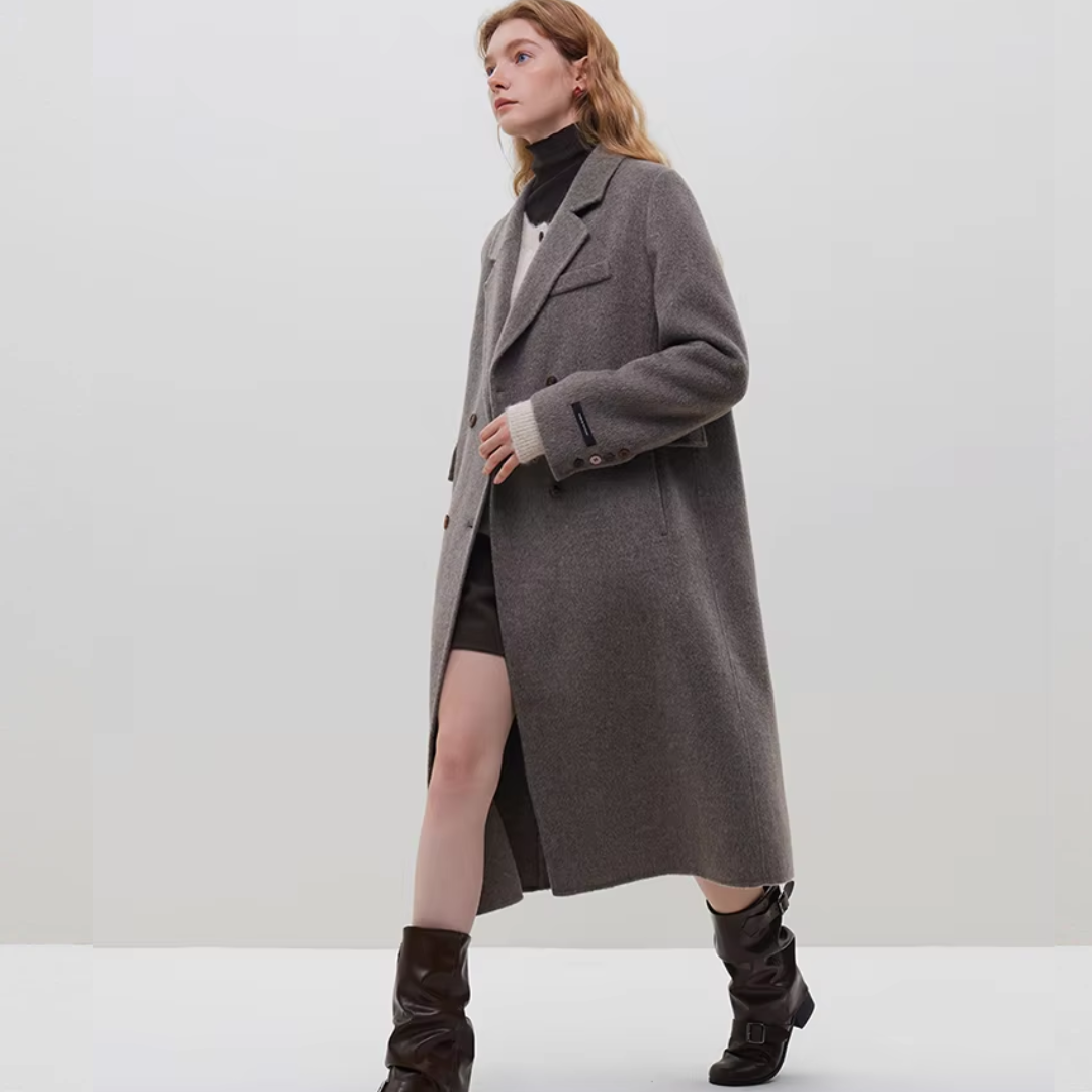 Her Shop 100% Wool Dark Grey Winter Mid-Length Straight Wool Coat - Simple Notched Collar, Temperament Shoulder Design