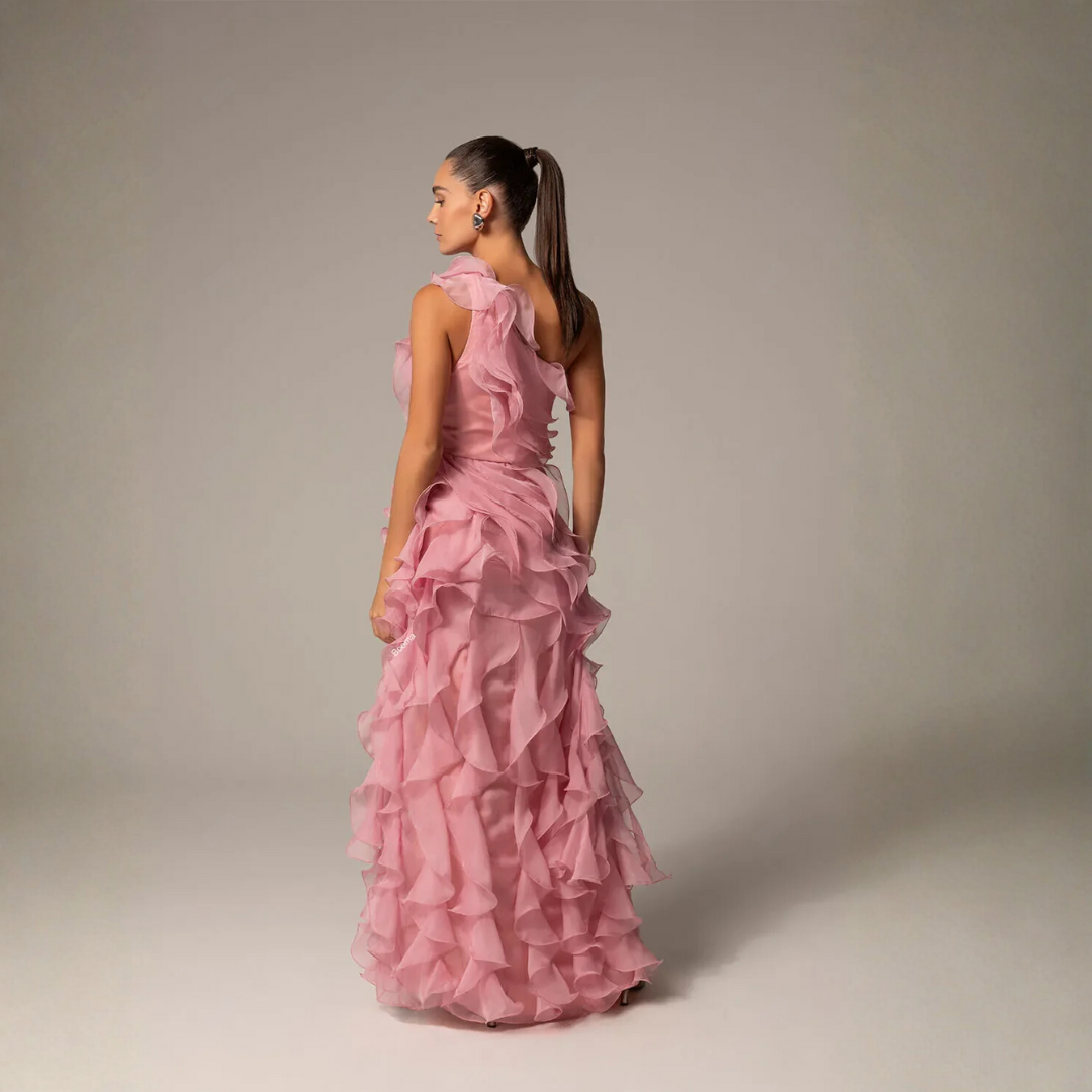 Pink One-Shoulder A-Line Prom Dress with Ruffled Organza, High Side Slit Evening Gown – Customizable