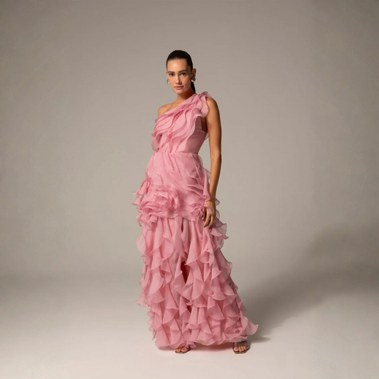 Pink One-Shoulder A-Line Prom Dress with Ruffled Organza, High Side Slit Evening Gown – Customizable - HER SHOP