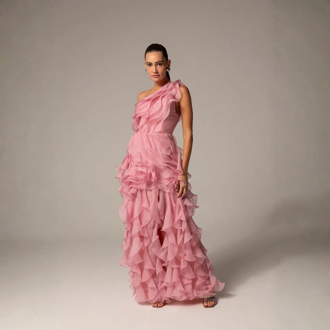 Pink One-Shoulder A-Line Prom Dress with Ruffled Organza, High Side Slit Evening Gown – Customizable