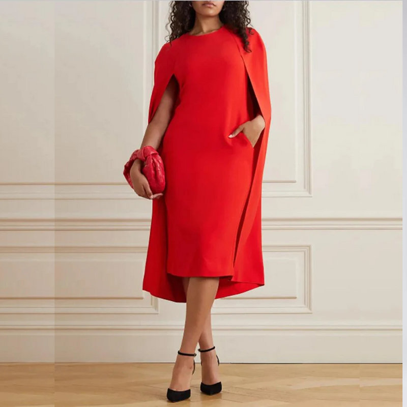 Chic Red O-Neck Evening Dress with Cape Sleeves