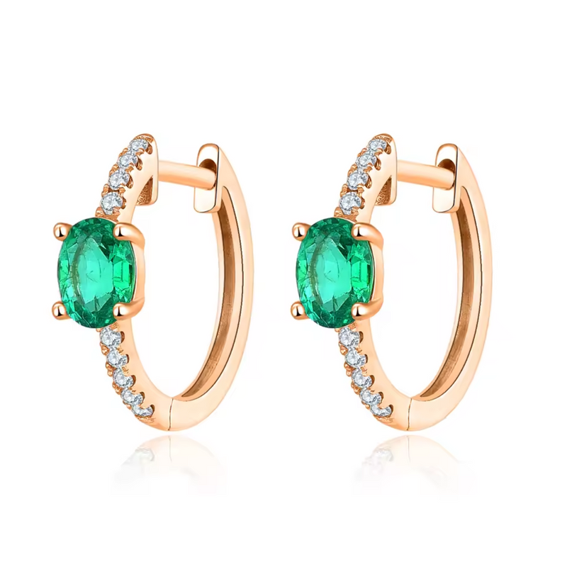 Solid 18K Rose Gold Earrings - 0.6 Carat Natural Emerald, 0.182 Carat Diamond Jewelry for Women