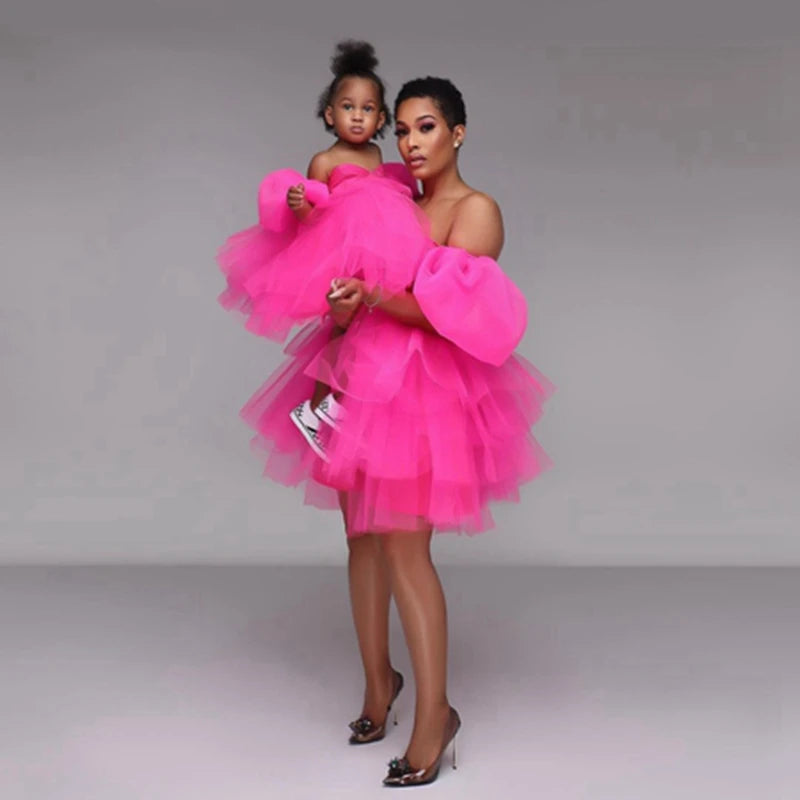 Rose Pink Mommy and Me Tulle Dresses – Puff Sleeve Party Gowns for Photo Shoot - HER SHOP