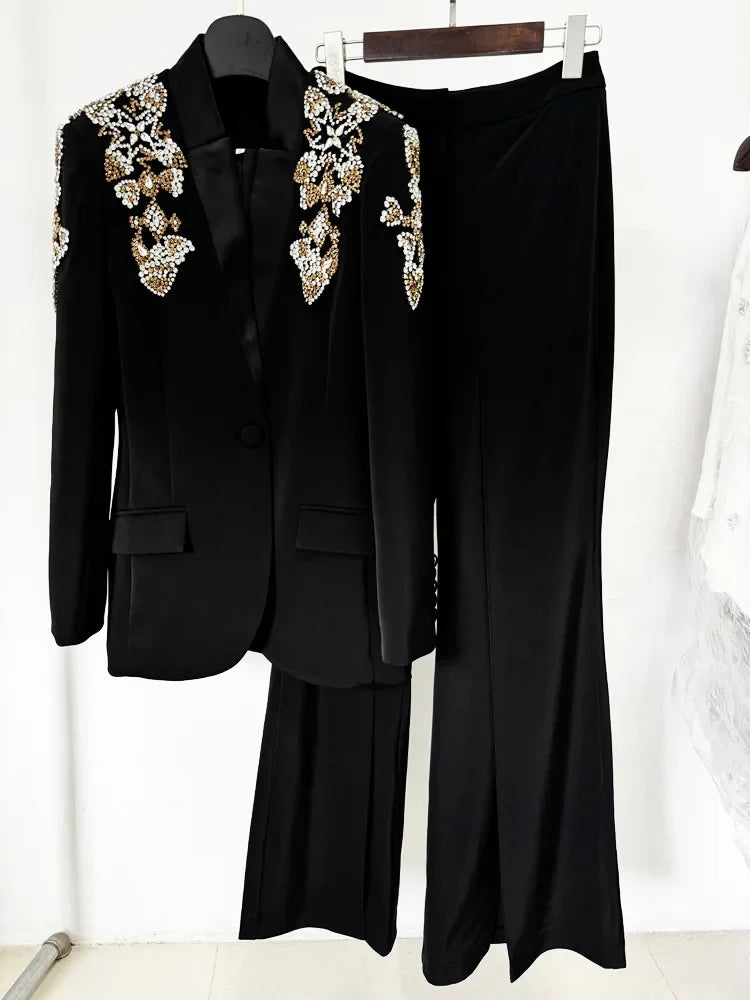 HIGH QUALITY Newest Designer Suit Women Beaded Diamonds Stand Collar Single Button Blazer Wide-leg Pants Set 2PCS