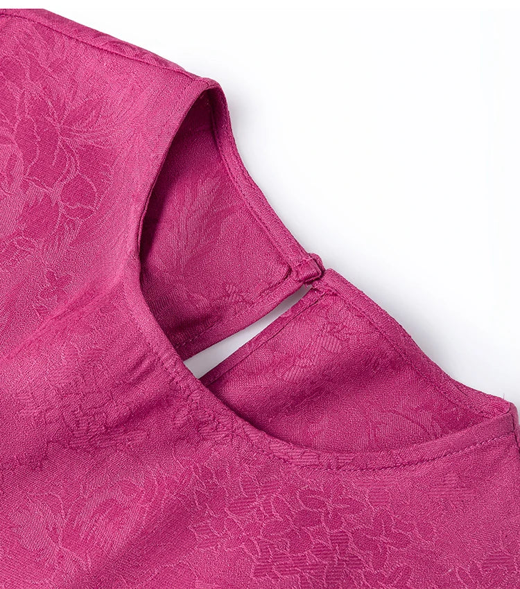 70% Mulberry Silk Cotton Jacquard Blouse – Women’s Hot Pink Long Sleeve Pullover Top