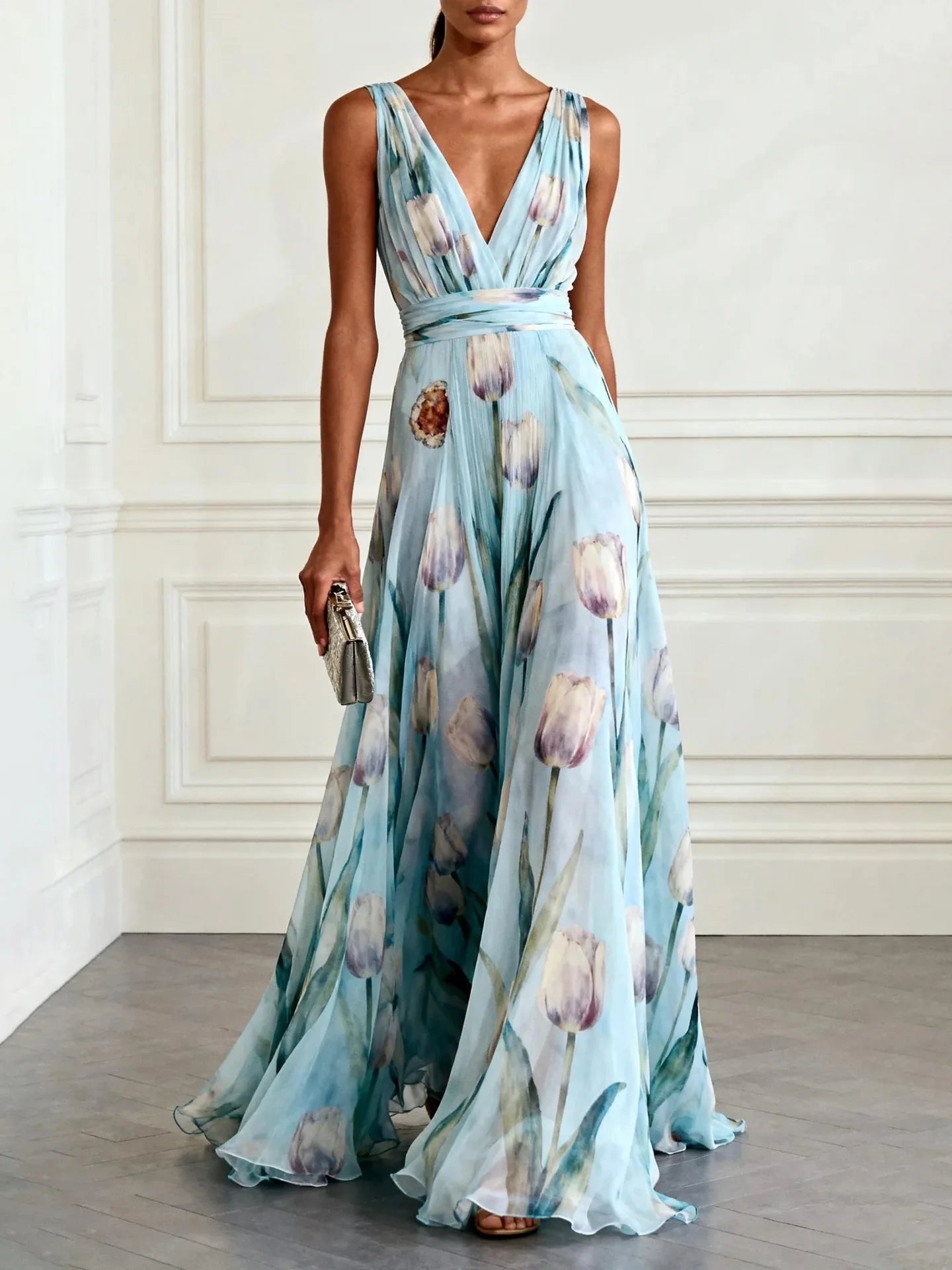 Blue Tulip Print Chiffon Maxi Dress – Sleeveless V-Neck Elegant Flowy Spring Summer Evening Gown