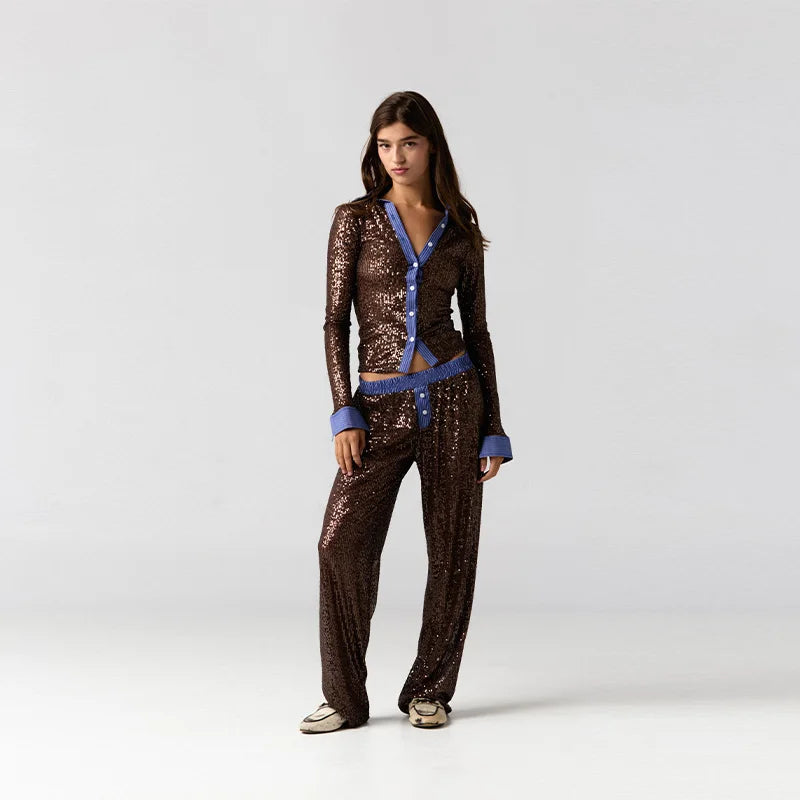 Women’s Premium Sequined Splicing Straight-Leg Pants – High-Waist Casual Commuter Trousers