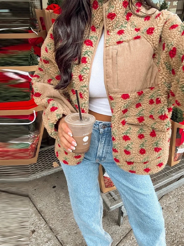 Retro Printed Plush Zipper Short Jacket Women Casual Loose High Neck Pocket Jackets Coat Lady 2025 Versatile Chic Street Outwear