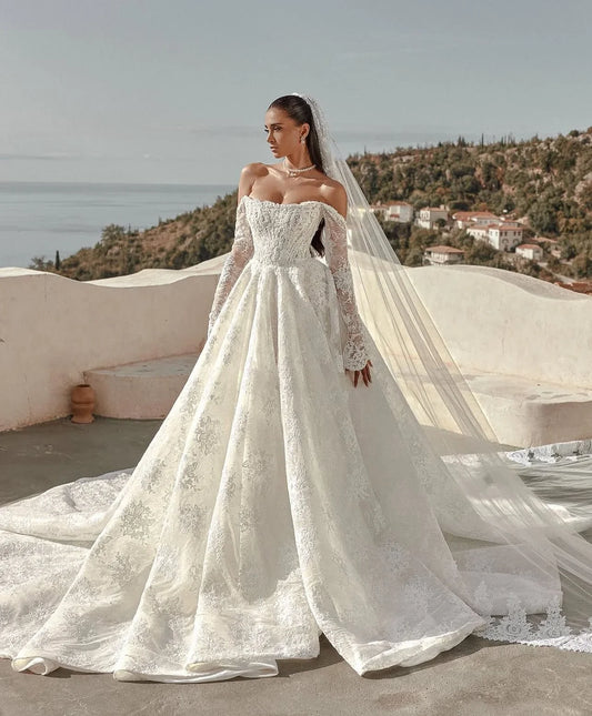 Customized Lace Wedding Dress Long Sleeve Off-Shoulder Princess Ball Gown Bridal Gown - HER SHOP