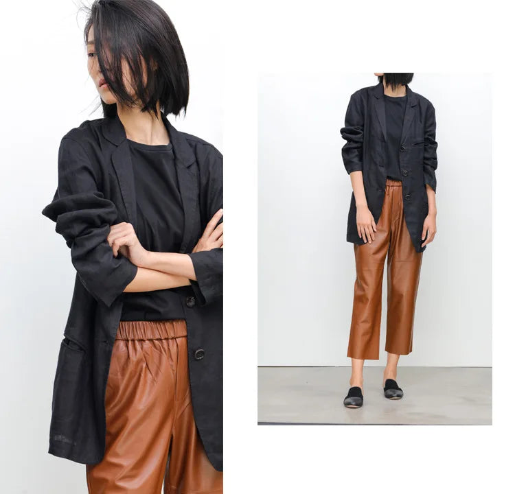 Women’s Genuine Sheepskin Leather Pants – High Waist Straight Fit Ankle-Length Trousers