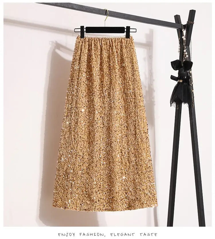Sequin Elastic Waist A-Line Midi Skirt for Women – Casual Solid Color Summer Skirt