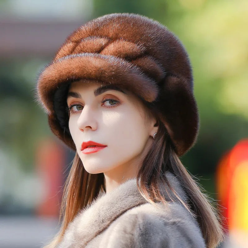 Real Mink Fur Hat for Women – Winter Thickened Whole Mink Fur Fisherman Hat with Ear Protection