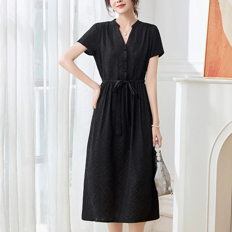 19 Momme Real Silk Elegant Fashion Dresses For Women 2026 Summer V-neck Short Sleeve Drawstring Office Lady Long Dress A-line