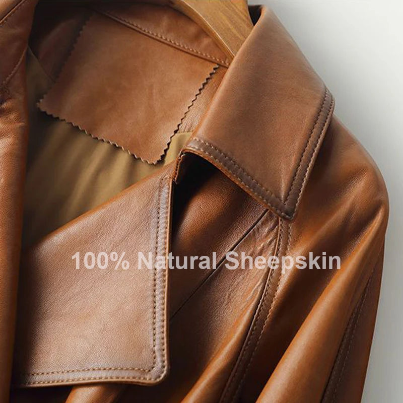 Vintage Brown Real Sheepskin Leather Jacket for Women – Lapel Collar Belted Design, First-Layer Leather, Casual Fashion Outerwear