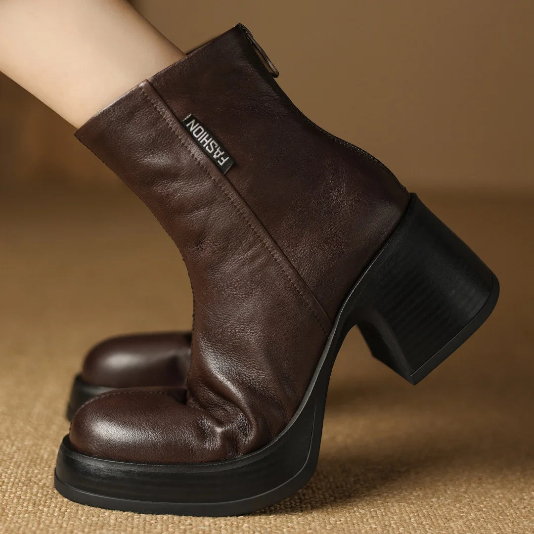 Women’s Genuine Cow Leather Chunky Heel Platform Ankle Boots – High-Quality, Soft, and Comfortable Punk-Style Short Boots with Back Zipper for Autumn - HER SHOP