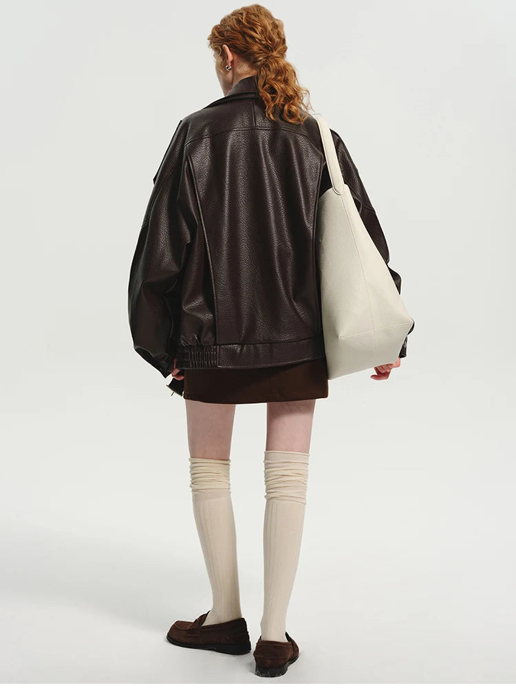 Women’s Oversized Brown PU Leather Jacket – Retro American Style, Long Sleeve Zip-Up, Luxury Designer-Inspired Outerwear for Spring & Autumn