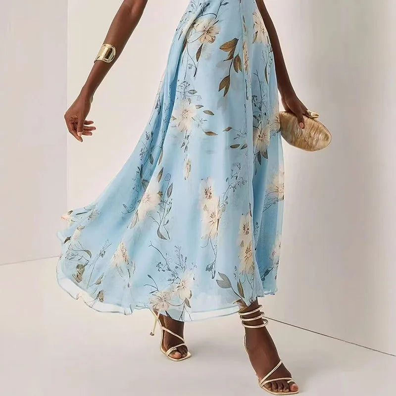 Skew Collar Backless Floral A-Line Summer Dress