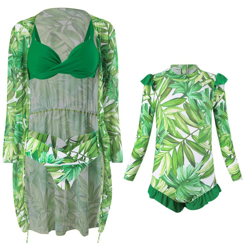 Leaf Print Swimwear Family Matching Outfits Look Mother Daughter Bikini Swimsuits Mommy and Me Clothes Dad Son Swimming Trunks