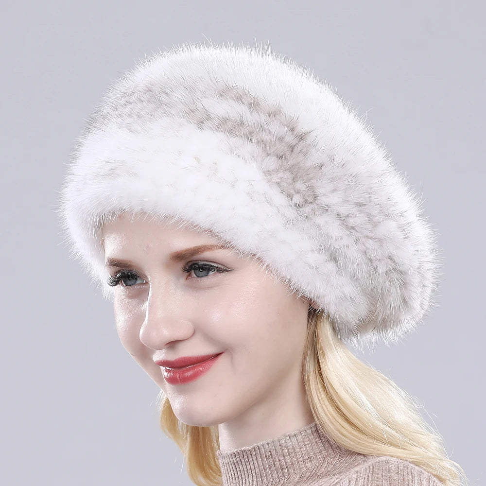 Hot Sale Winter Lady Natural Mink Fur Beanies Hat Knit Warm Striped Genuine Mink Fur Caps Women Good Elastic Real Mink Fur Hat