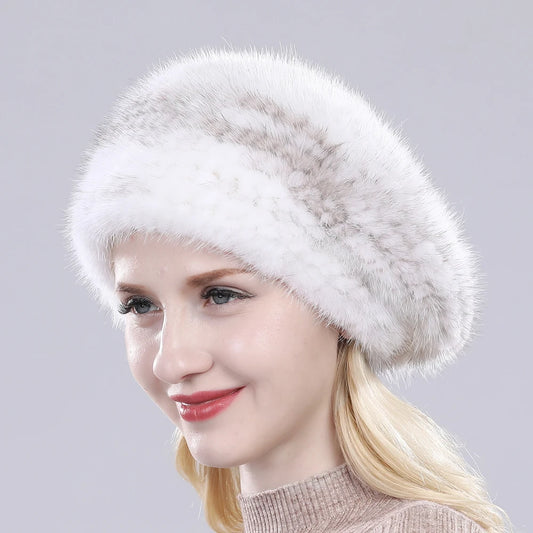Hot Sale Winter Lady Natural Mink Fur Beanies Hat Knit Warm Striped Genuine Mink Fur Caps Women Good Elastic Real Mink Fur Hat - HER SHOP