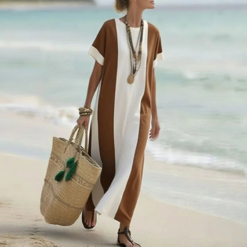 Retro Contrast Color Maxi Dress – Elegant O-Neck Short Sleeve Boho Vacation Dress with Side Slit for Women - HER SHOP