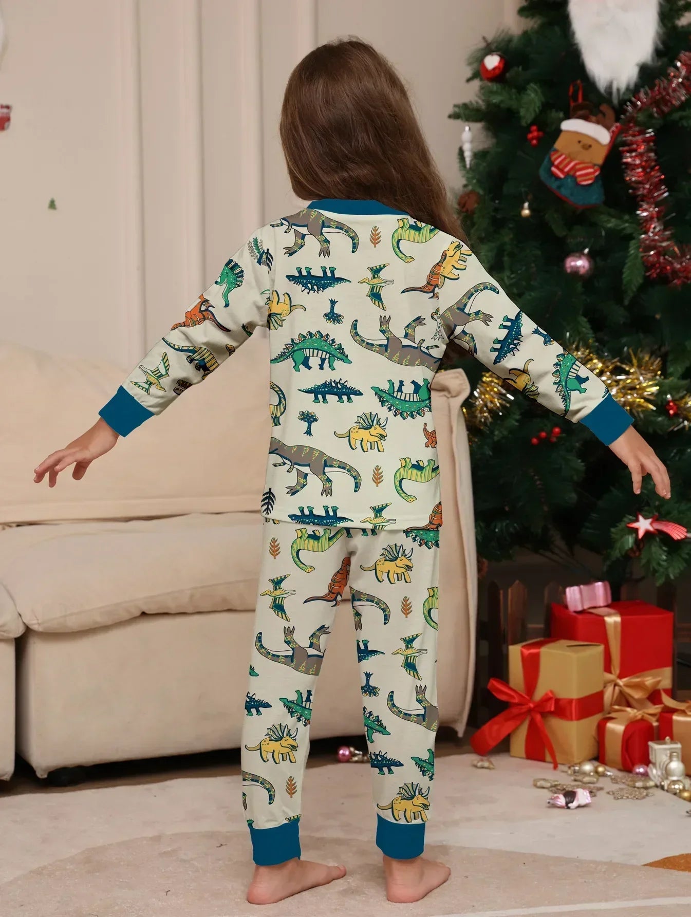 New 2025 Christmas Matching Outfits Dinosaur All Over Print Pajamas Set Mom Dad Kids 2 Pieces Suit Baby Romper Xmas Family Look