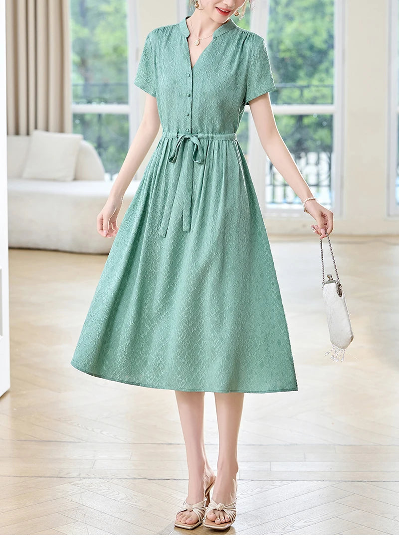 19 Momme Real Silk Elegant Fashion Dresses For Women 2026 Summer V-neck Short Sleeve Drawstring Office Lady Long Dress A-line