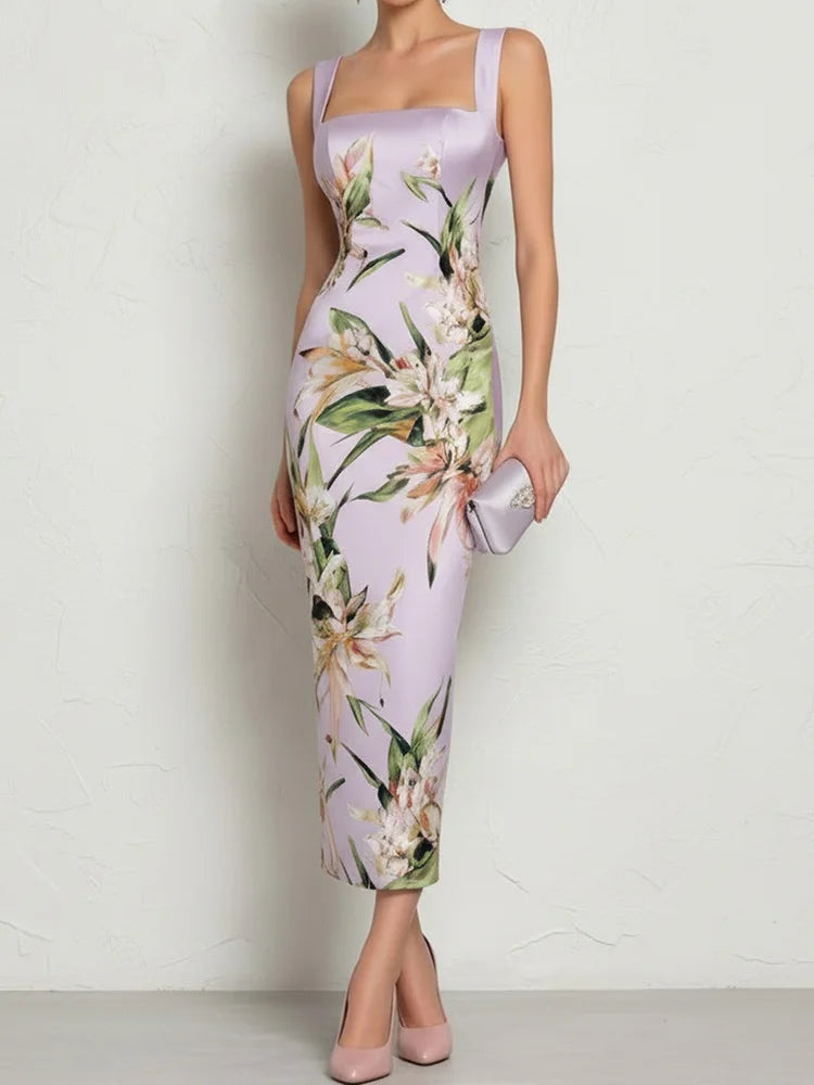 Square Collar Backless Printed A-Line Summer Dress