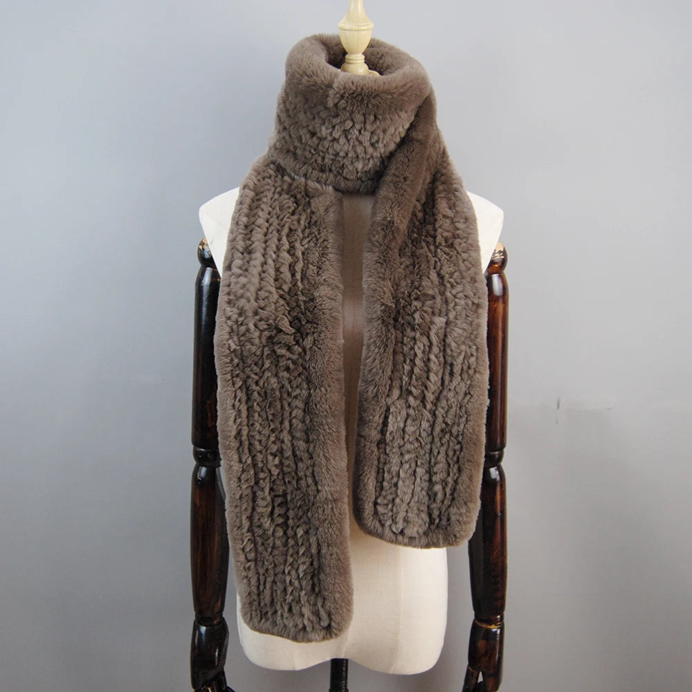 Long Style Genuine Rex Rabbit Fur Scarf– Women's Winter Knitted Ring Scarf & Luxury Muffler