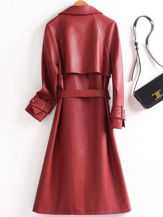 Product Title: Elegant Women'sSplit Leather Trench Coat  –  Double Breasted Slim Fit with Belt, Long Turn-Down Collar Coat for Autumn/Winter - HER SHOP