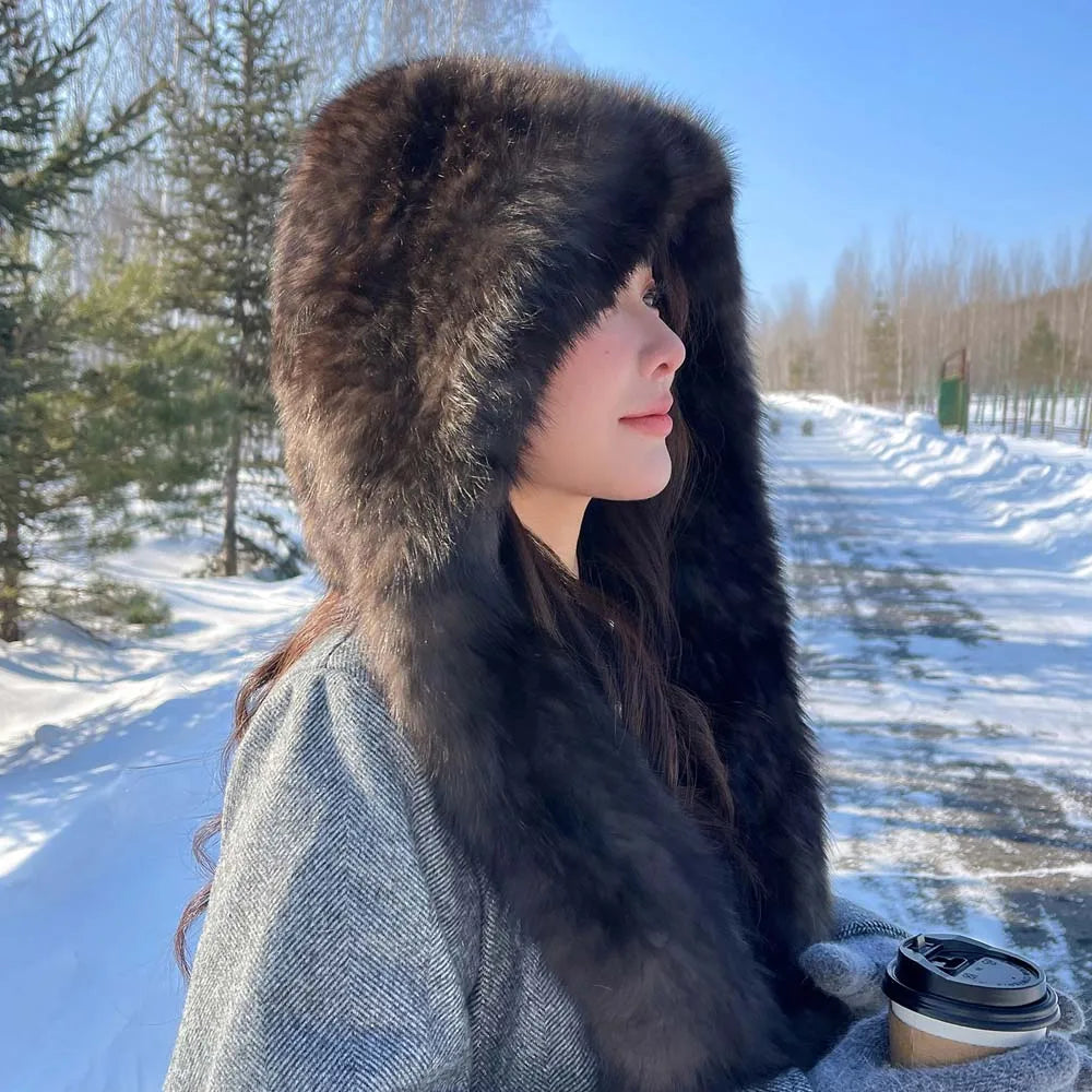 2025 Lady Real Sable Fur Hat Scarf Winter Warm Fluffy 100% Natural Sable Fur Hat Scarves Women Knitted Genuine Fur Cap Shawl
