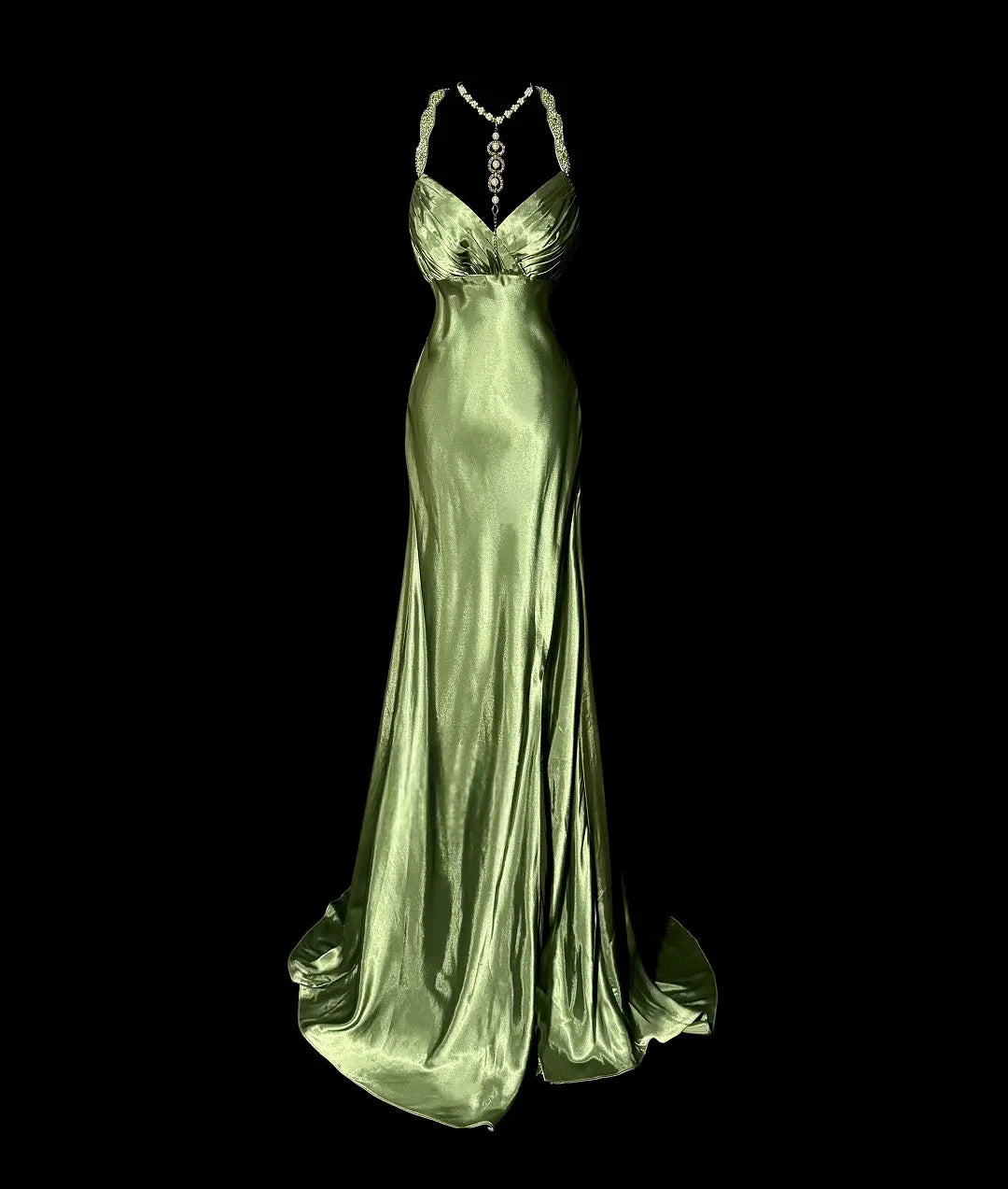 Luxury Green High-Slit Mermaid Evening Gown – Beaded Spaghetti Strap Celebrity Dress (Customizable)