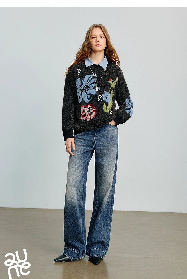 Women Sweater Autumn New Velvet Floral Patter Jacquard Long Sleeve Pullover Tops