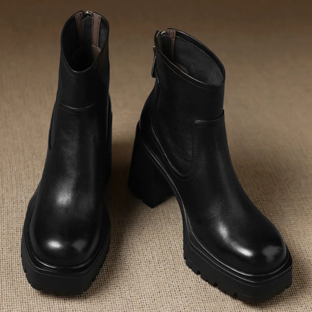 Women’s Genuine Leather Platform Ankle Boots with Chunky Heel – Round Toe Back Zip Punk Booties (8.5cm)