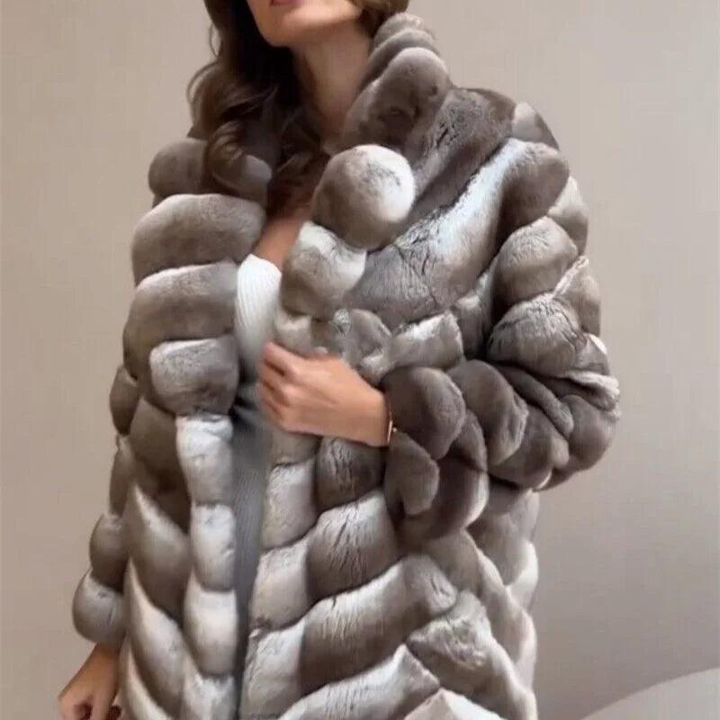 Women's Long Rex Rabbit Fur Overcoat with Chinchilla-Look Lapel - Genuine Winter Fur Coat