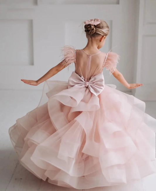 Customized Blush Pink Flower Girl Dress with Layered Feathers, Pearls & Bow – Elegant Kids’ Birthday Party and Wedding Gown - HER SHOP