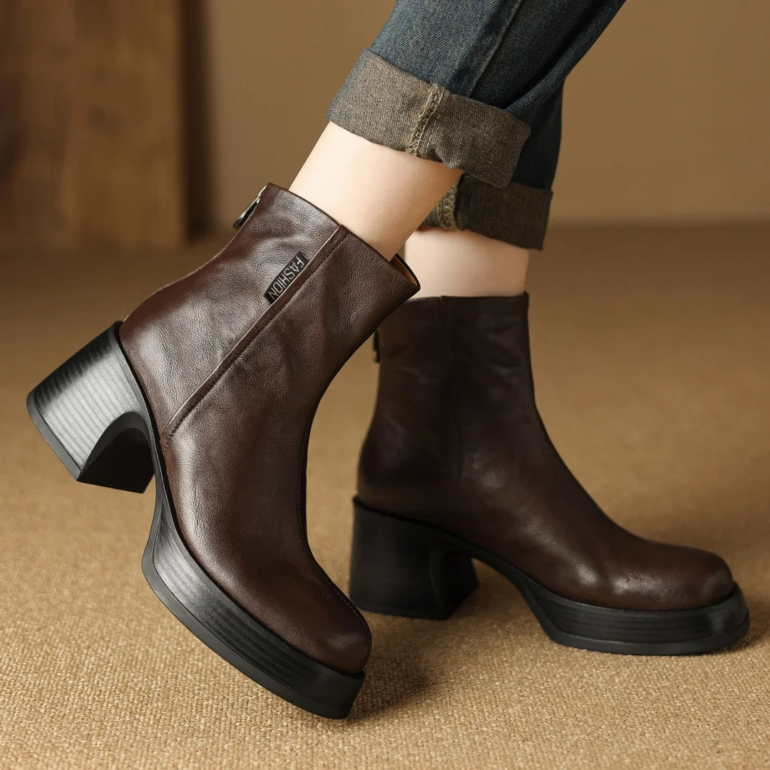 Women’s Genuine Cow Leather Chunky Heel Platform Ankle Boots – High-Quality, Soft, and Comfortable Punk-Style Short Boots with Back Zipper for Autumn