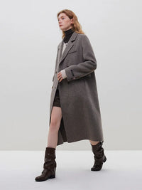 Her Shop 100% Wool Dark Grey Winter Mid-Length Straight Wool Coat - Simple Notched Collar, Temperament Shoulder Design