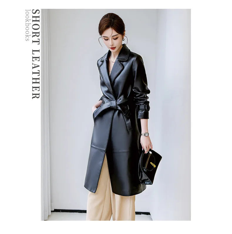 Women's Genuine Leather Trench Coat Lace-Up Long Slim Fit Spring Autumn Sheepskin Top